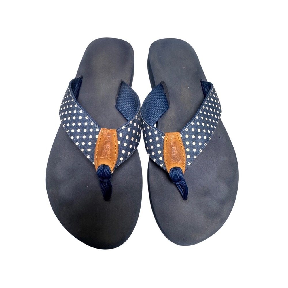 LL Bean Womens Navy Blue Polka‎ Dot Flip Flop Sandals Thong Slip On Flat Shoes 9